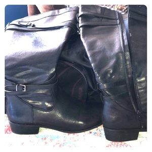 Wide calf black boots with buckle detail